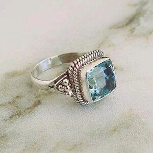 Private Label Silver Ring with Blue Cushion-Cut Stone